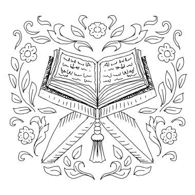 İslam 'ın kutsal Kuran' ı, çiçekli süslemeli. Siyah ve beyaz vektör çizimi.