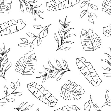 Tropikal yapraklarla kusursuz desen. El çizimi vektör çizimi.