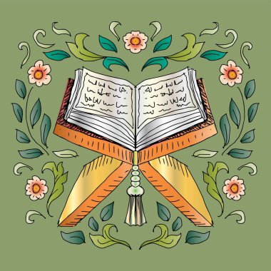 İslam 'ın vektör illüstrasyonu. Kutsal Kur' an. Çiçek süslemeli yeşil bir zemin üzerinde..