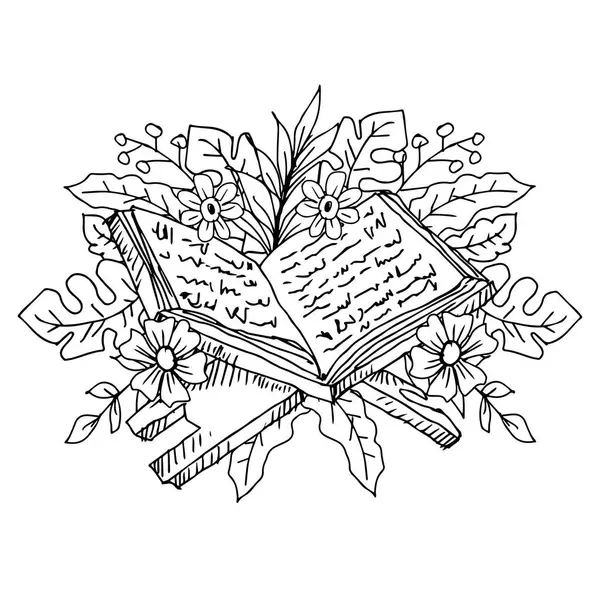 İslam 'ın kutsal Kuran' ı, çiçekli süslemeli. Siyah ve beyaz vektör çizimi.