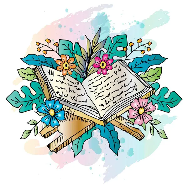 İslam kutsal Kur 'an, çiçekler ve yapraklarla. Karalama biçiminde vektör illüstrasyonu.