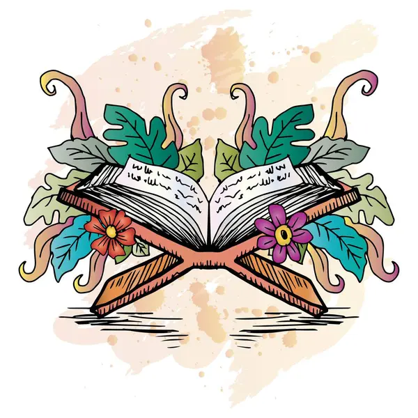 İslam kutsal Kur 'an, çiçekler ve yapraklarla. Karalama biçiminde vektör illüstrasyonu.