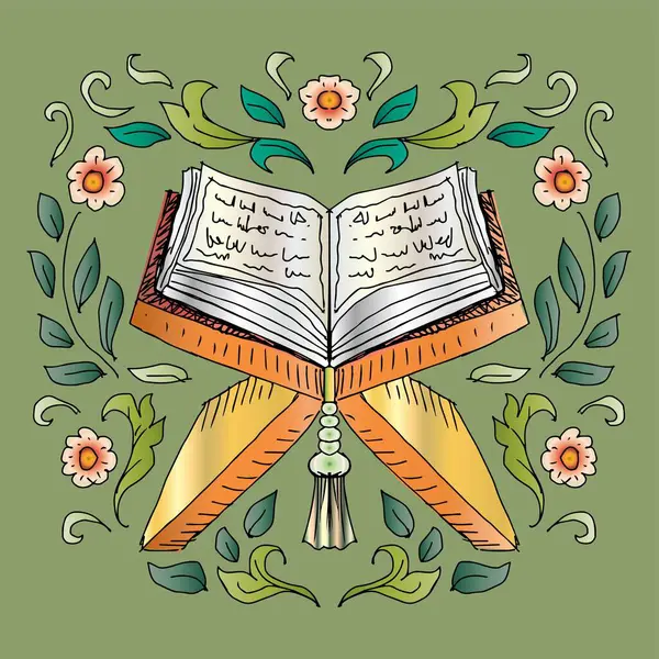 İslam 'ın vektör illüstrasyonu. Kutsal Kur' an. Çiçek süslemeli yeşil bir zemin üzerinde..