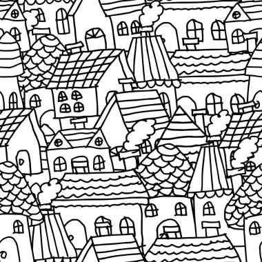 Siyah beyaz çatıları ve bacaları olan çizgi film evleri.