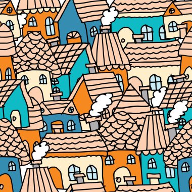 Renkli çatıları ve bacaları olan çizgi film evleri.