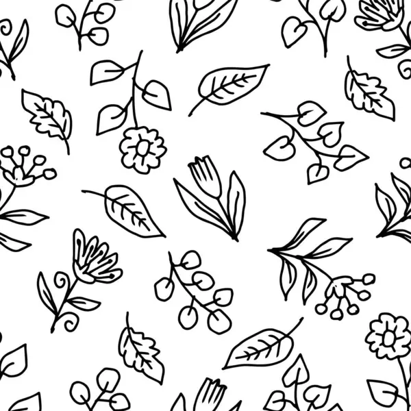 Elle çizilmiş çiçek ve yapraklarla kusursuz desen. vektör illüstrasyonu.