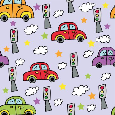 Çizgi film arabaları ve trafik ışıklarıyla kusursuz desen. Vektör illüstrasyonu.