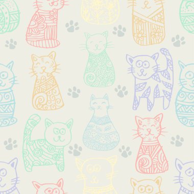 Elle çizilmiş kedilerle kusursuz desen. Şirin vektör illüstrasyonu.
