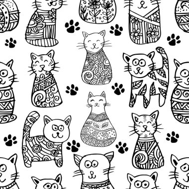 Kediler ve kalplerle kusursuz bir düzen. Siyah ve beyaz vektör çizimi.