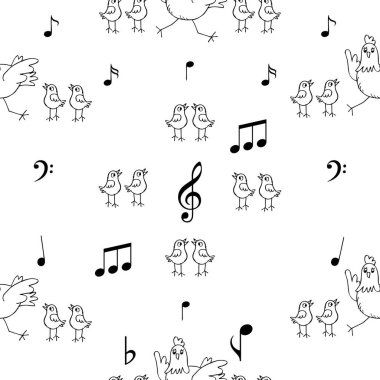 Tavuklar ve notalarla kusursuz bir düzen. Vektör illüstrasyonu.