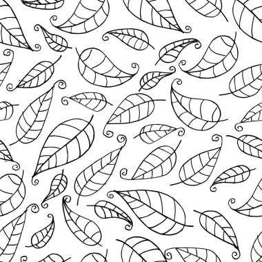 Elle çizilmiş yapraklarla kusursuz desen. Siyah ve beyaz vektör çizimi.