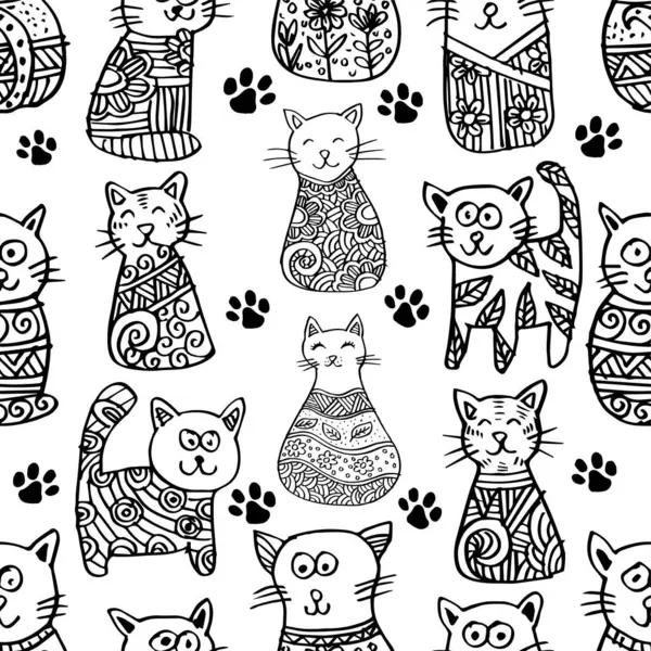 Kediler ve kalplerle kusursuz bir düzen. Siyah ve beyaz vektör çizimi.