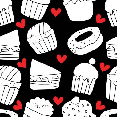 Elle çizilmiş kekler, kekler, çörekler ve kalplerle kusursuz desen. Vektör illüstrasyonu.