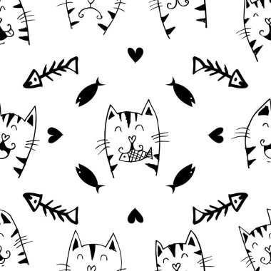 Sevimli elli, kusursuz desenli kediler. Vektör illüstrasyonu.