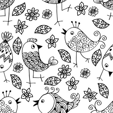 Kuşlar ve çiçeklerle kusursuz desen. Siyah ve beyaz vektör çizimi.