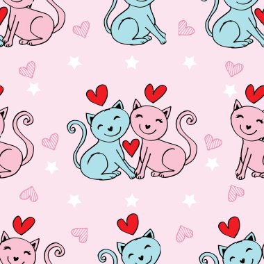 Şirin kedileri ve kalpleri olan kusursuz bir desen. vektör illüstrasyonu.
