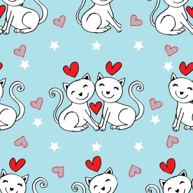 Şirin kedileri ve kalpleri olan kusursuz bir desen. vektör illüstrasyonu.