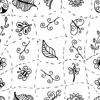 Kusursuz desenli, elle çizilmiş karalama böceği, çiçekler ve yapraklar. Vektör illüstrasyonu.