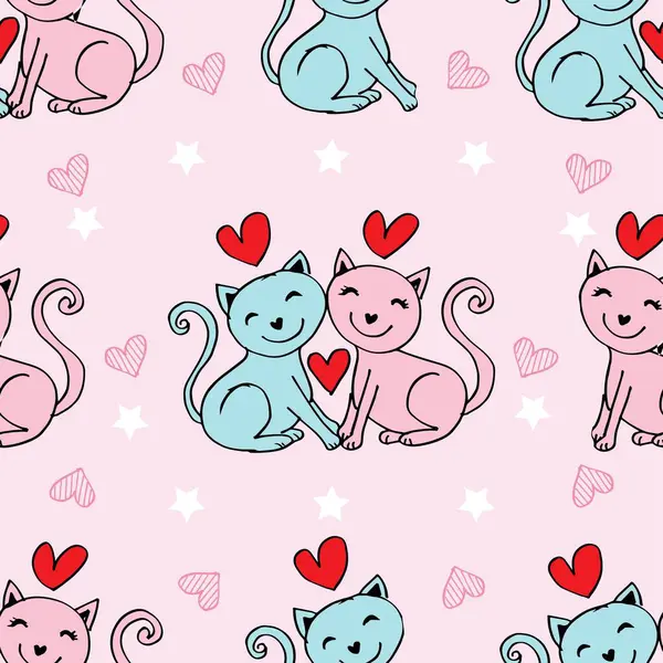 Şirin kedileri ve kalpleri olan kusursuz bir desen. vektör illüstrasyonu.