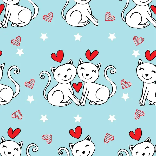 Şirin kedileri ve kalpleri olan kusursuz bir desen. vektör illüstrasyonu.