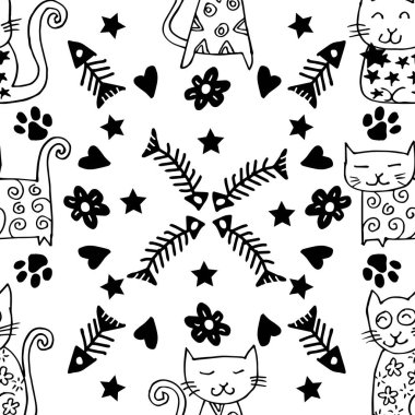 Sevimli kediler ve çiçekler ile Seamless modeli. Vektör çizim.