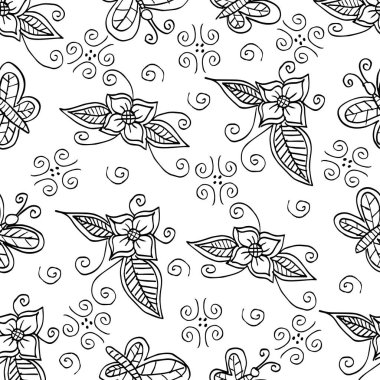 Çiçekler ve kelebeklerle kusursuz desen. El çizimi vektör illüstrasyonu.