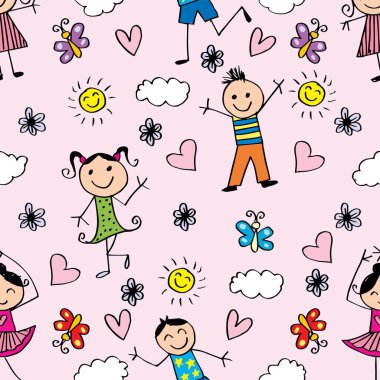 Mutlu çocuklar ve kalplerle kusursuz bir düzen. El çizimi vektör illüstrasyonu.