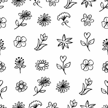 Çiçekler ve yapraklarla kusursuz desen. Siyah ve beyaz. El çizimi vektör illüstrasyonu.