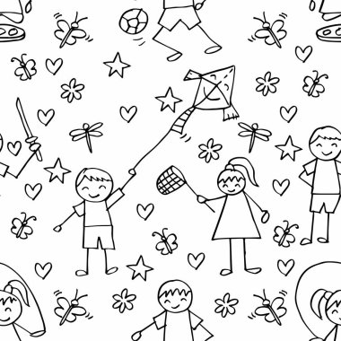 Elle çizilmiş kusursuz desenli çocuklar. Vektör illüstrasyonu.