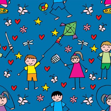 Elle çizilmiş kusursuz desenli çocuklar. Vektör illüstrasyonu.