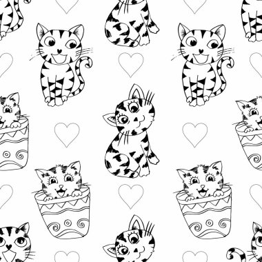 Sevimli kedileri ve kalpleri olan kusursuz bir desen. Siyah ve beyaz. Vektör illüstrasyonu.