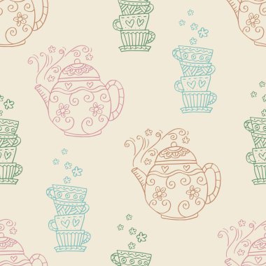 Çaydanlık ve fincanlarla kusursuz desen. Vektör illüstrasyonu