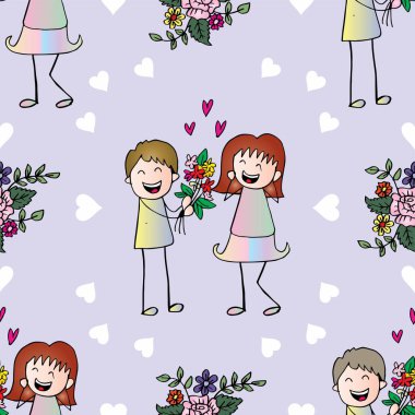 Birbirine aşık küçük kızlar ve oğlanlar için kusursuz bir vektör modeli. Vektör illüstrasyonu.