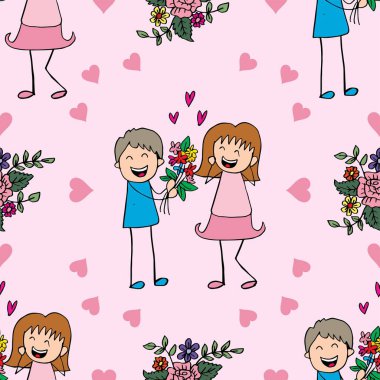 Birbirine aşık küçük kızlar ve oğlanlar için kusursuz bir vektör modeli. Vektör illüstrasyonu.