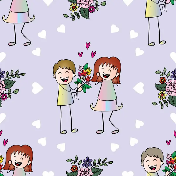 Birbirine aşık küçük kızlar ve oğlanlar için kusursuz bir vektör modeli. Vektör illüstrasyonu.