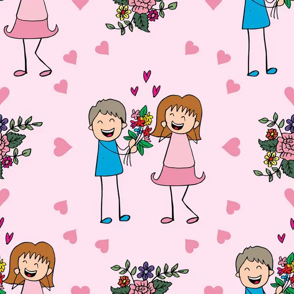 Birbirine aşık küçük kızlar ve oğlanlar için kusursuz bir vektör modeli. Vektör illüstrasyonu.