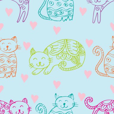 Şirin kedileri ve kalpleri olan kusursuz bir desen. vektör illüstrasyonu.