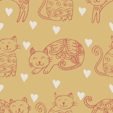 Şirin kedileri ve kalpleri olan kusursuz bir desen. vektör illüstrasyonu.