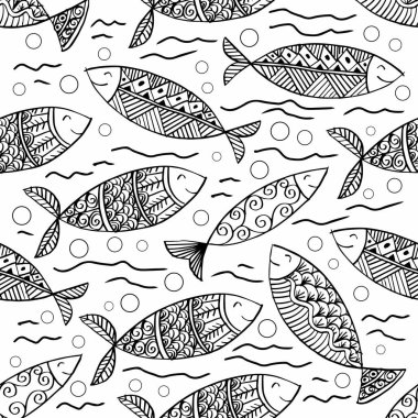 Balıklarla kusursuz desen. Karalama biçiminde vektör illüstrasyonu.