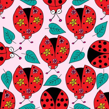 Uğur böcekleri ve yapraklarla kusursuz desen. Vektör illüstrasyonu.