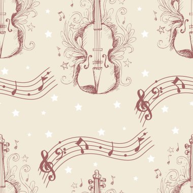 Notalar ve yıldızlarla el çizimi bir keman deseni