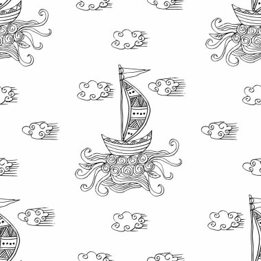Hayal ürünü yelkenli tekne çizimleri, bulutlar ve dalgalar.