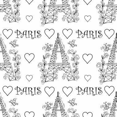 Eyfel Kulesi, kalpler ve çiçeklerle kusursuz desen. Vektör illüstrasyonu.
