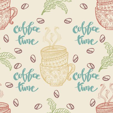 Kahve zamanı. Kahve fincanları, fasulyeler ve harflerle elle çizilmiş kusursuz desenler..