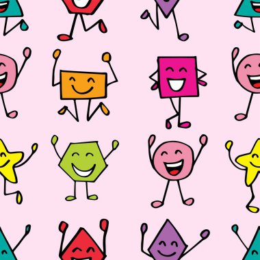 Pembe arka planda komik çizgi film karakterleri olan kusursuz bir desen. Vektör illüstrasyonu.