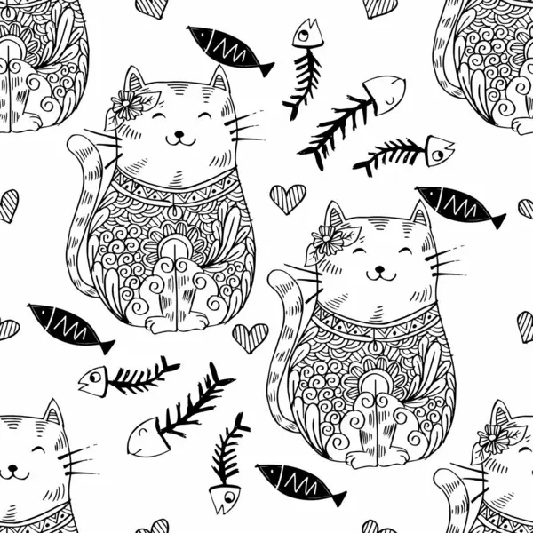 Şirin kedileri ve balıkları olan kusursuz bir desen. El çizimi vektör illüstrasyonu.