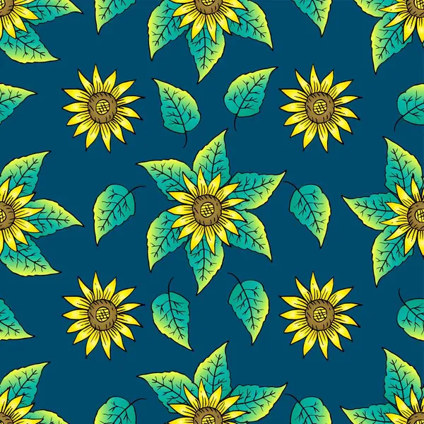 Ayçiçekleri ve yapraklarla kusursuz desen. Vektör illüstrasyonu.