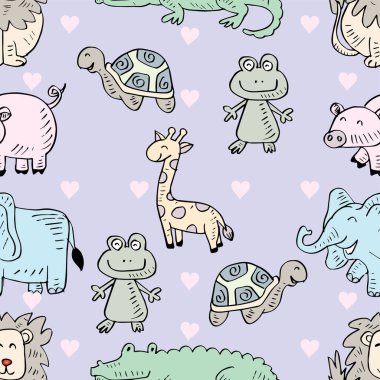 Şirin hayvanlarla kusursuz bir desen. El çizimi vektör illüstrasyonu.