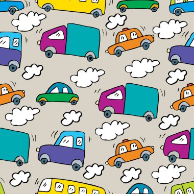 Çizgi film arabaları ve bulutlarla kusursuz desen. Vektör illüstrasyonu.