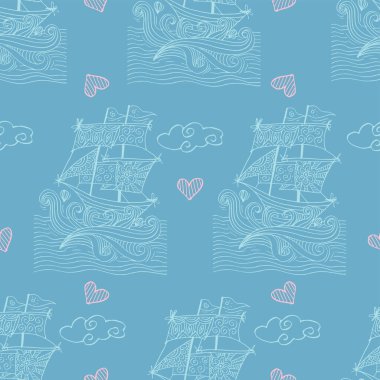 Yelkenli gemiler ve bulutlarla kusursuz bir düzen. Vektör illüstrasyonu.